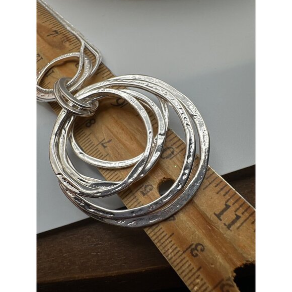 Layered Silver-Tone Textured Circle Pendant Necklace Multi Chain Minimalist - Picture 9 of 10